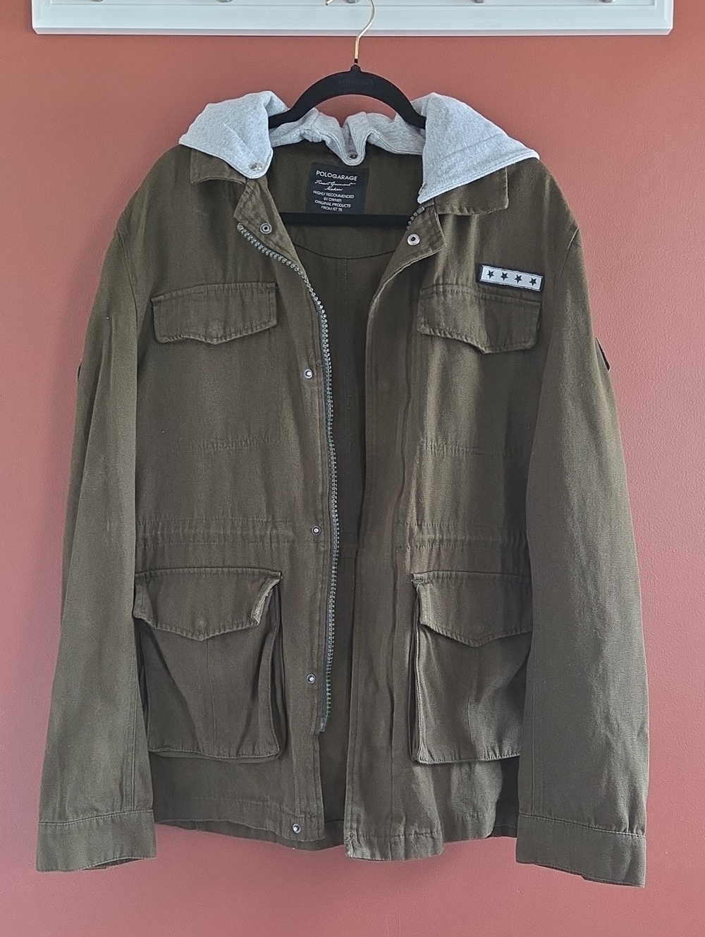 Garage Men's Olive Green Military Jacket with Gray Hood Price Firm NWOT